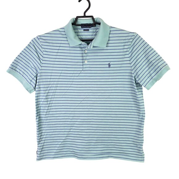 Mens Ralph Lauren Classic Fit Blue Striped Polo Shirt Short Sleeve Cotton Size L - Picture 1 of 9